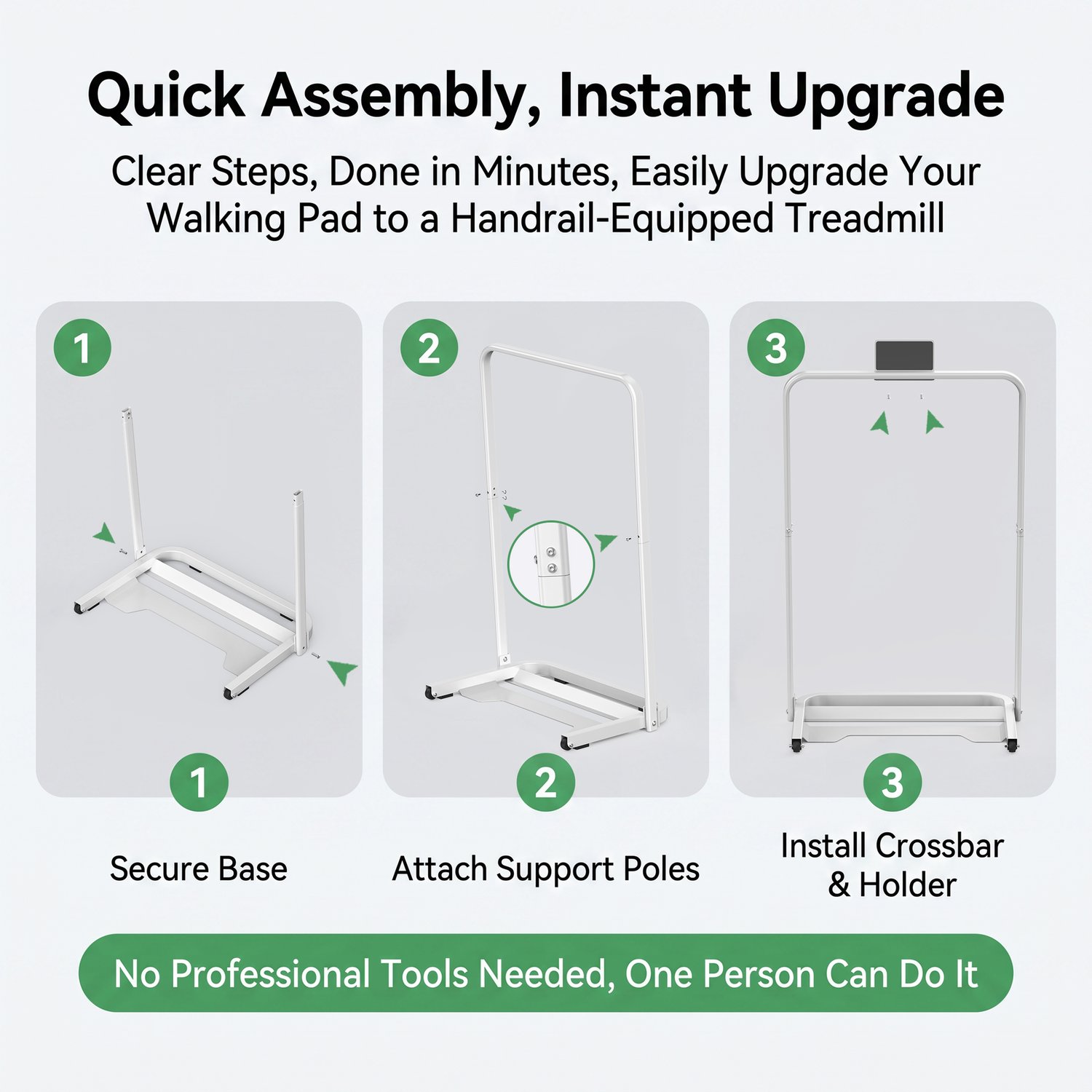 GX7-WT white treadmill handrail three-step tool-free assembly