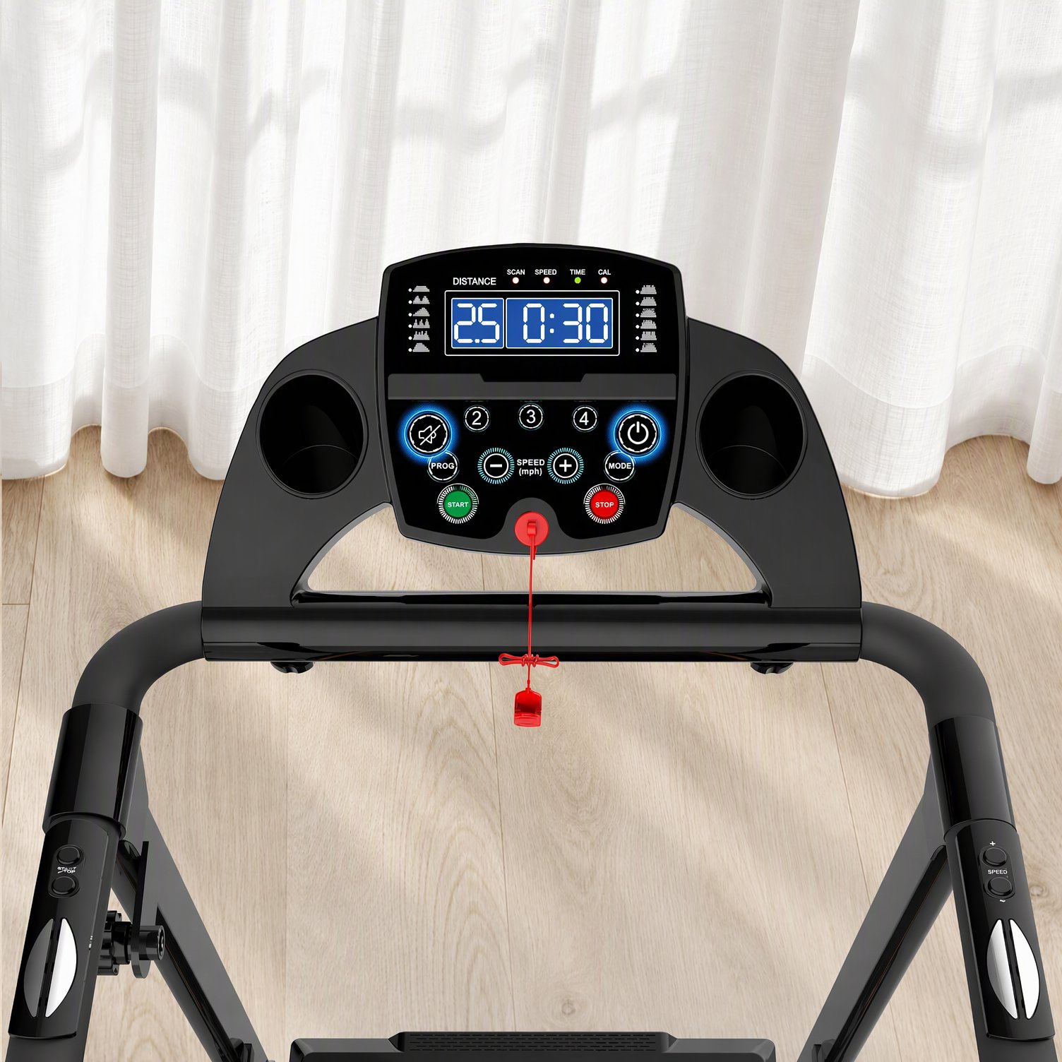 JK14F treadmill console with speed, time, distance and calorie readout