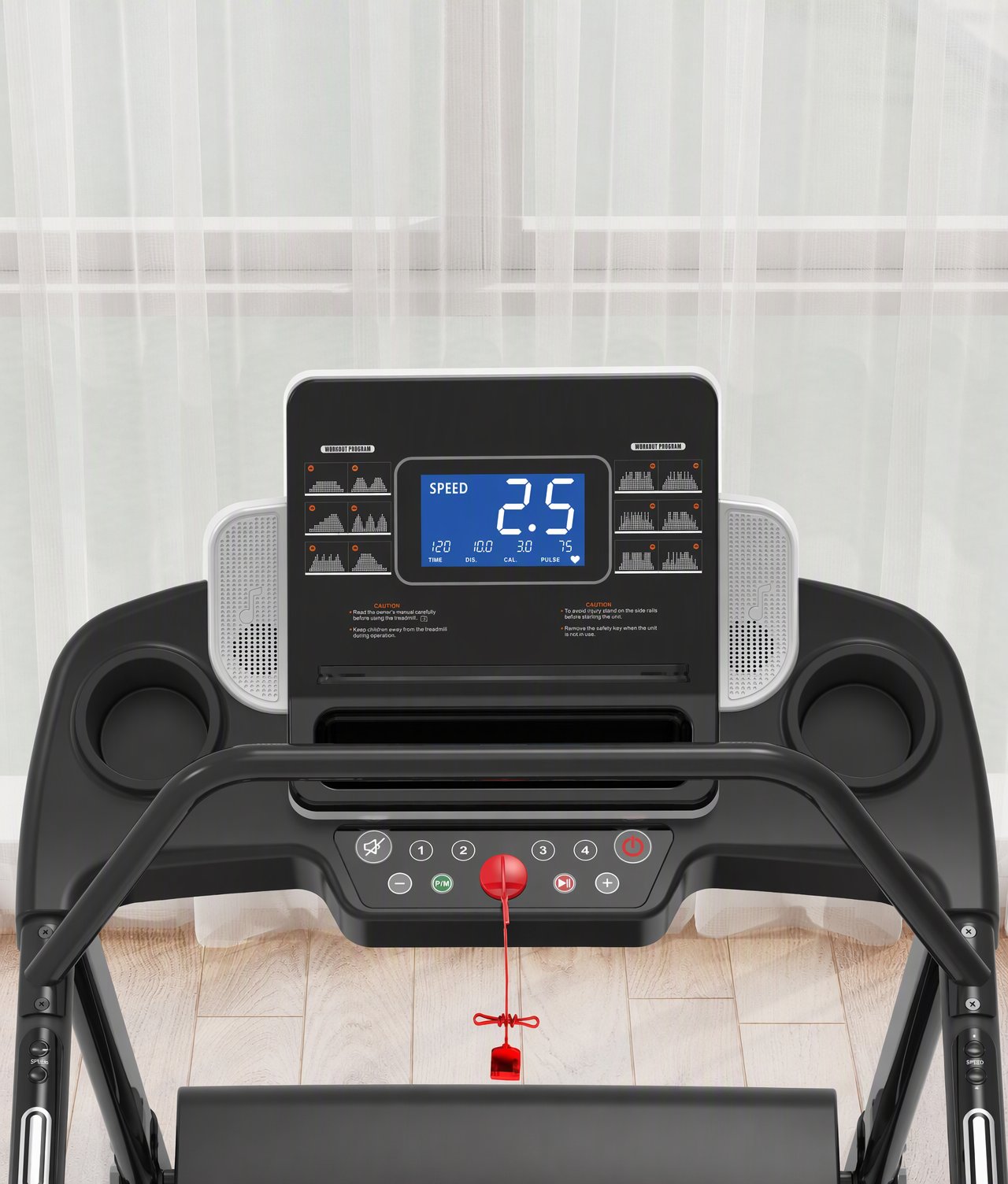 JK15F treadmill console with speed, time, distance, calorie and pulse readout