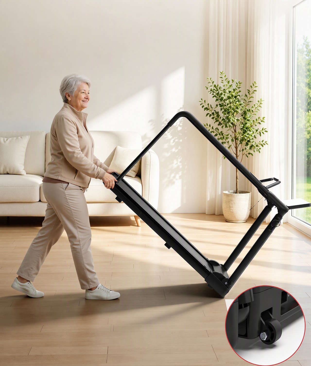 JK16F folded treadmill moved on its front transport wheels