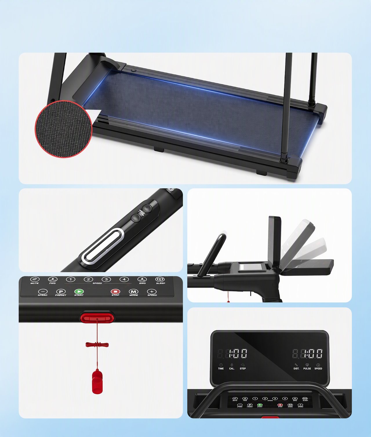 JK16F treadmill functional details including deck, handrail controls and display