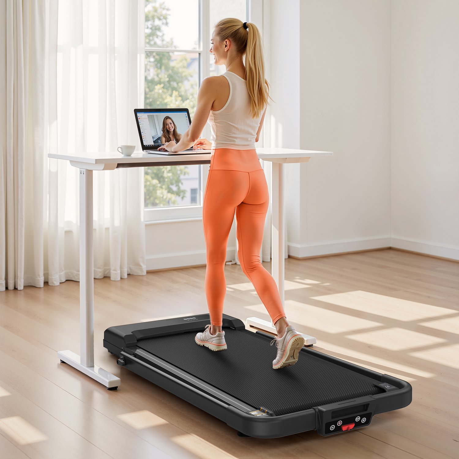 Q29-1B walking pad under a standing desk in an office