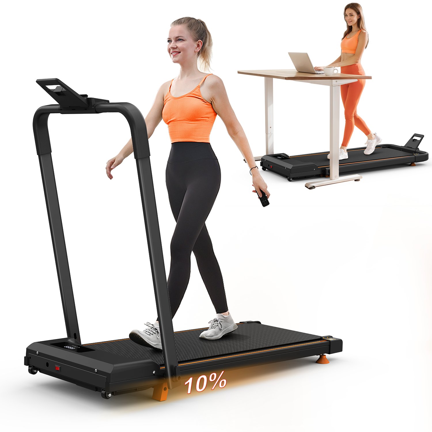 Q29-1B 2-in-1 walking pad treadmill, 10 percent incline, black
